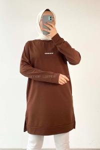 Modalamelif Wısconsın Yazı Baskılı Yırtmaçlı Tunik Acıkahve