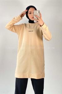 Modalamelif Wısconsın Yazı Baskılı Yırtmaçlı Tunik Krem