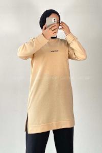 Modalamelif Wısconsın Yazı Baskılı Yırtmaçlı Tunik Krem