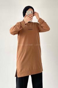 Modalamelif Wısconsın Yazı Baskılı Yırtmaçlı Tunik Sütlükahve