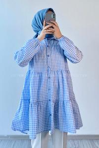 Modalamelif Ekose Fırfırlı Gömlek Açık Mavi