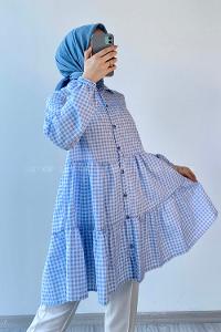 Modalamelif Ekose Fırfırlı Gömlek Açık Mavi