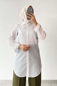 Modalamelif Önü Boydan  Düğmeli Boyfriend Gömlek Beyaz