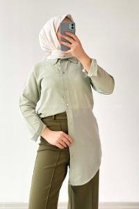 Modalamelif Önü Boydan  Düğmeli Boyfriend Gömlek Çağla Yeşili