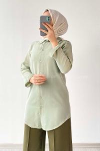 Modalamelif Önü Boydan  Düğmeli Boyfriend Gömlek Çağla Yeşili