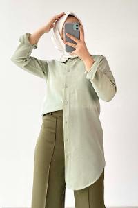 Modalamelif Önü Boydan  Düğmeli Boyfriend Gömlek Çağla Yeşili