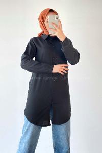 Modalamelif Önü Boydan  Düğmeli Boyfriend Gömlek Siyah