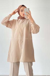 Modalamelif Önü Düğmeli Balon Kol Gömlek Bej