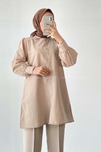 Modalamelif Önü Düğmeli Balon Kol Gömlek Bej