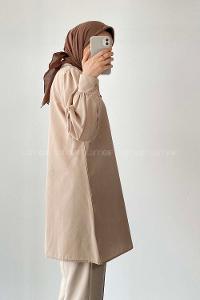 Modalamelif Önü Düğmeli Balon Kol Gömlek Bej