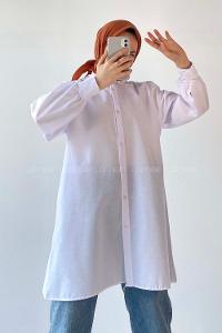Modalamelif Önü Düğmeli Balon Kol Gömlek Beyaz