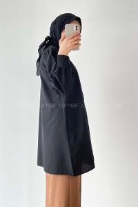 Modalamelif Önü Düğmeli Balon Kol Gömlek Siyah