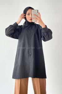 Modalamelif Önü Düğmeli Balon Kol Gömlek Siyah