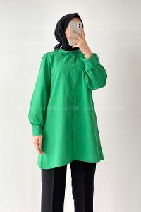 Modalamelif Önü Düğmeli Balon Kol Gömlek Yeşil