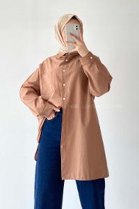 Modalamelif Tek Cep Detaylı Dakron Gömlek Camel