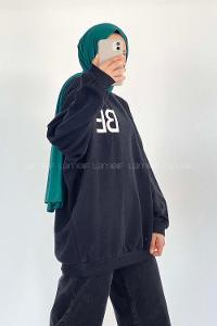 Modalamelif Bisiklet Yaka BE Yazılı Sweatshirt Siyah