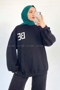 Modalamelif Bisiklet Yaka BE Yazılı Sweatshirt Siyah