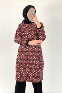 Modalamelif Bisiklet Yaka  Etnik Desen Tunik Bordo-Kırmızı