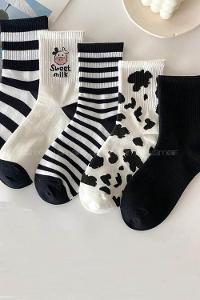 Lamelif 5 Çift Siyah Beyaz İnek Desenli Çizgili Tenis Çorabı