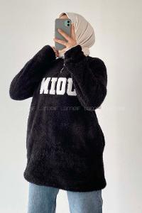 Modalamelif Yarım Fermuarlı Join Nakış Detaylı Peluş Sweat Siyah