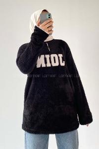 Modalamelif Yarım Fermuarlı Join Nakış Detaylı Peluş Sweat Siyah