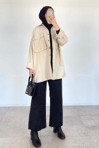 Lamelif Bombe Cepli Gabardin Gömlek Taş