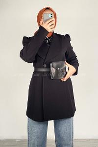 Modalamelif Çanta Kemerli Uzun Ceket Siyah