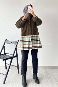 Modalamelif Ekose Garnili Yırtmaç Detaylı Ceket Haki