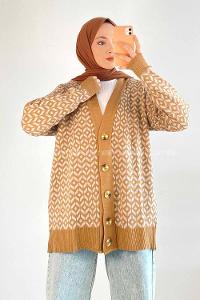 Modalamelif V Yaka Düğmeli Desenli Triko Hırka Camel