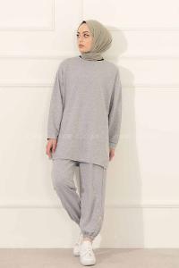 Modalamelif Yan Yırtmaç Detaylı Paça Lastili İkili Takım Gri