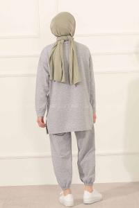 Modalamelif Yan Yırtmaç Detaylı Paça Lastili İkili Takım Gri