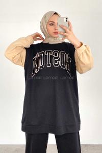 Modalamelif Boston Baskılı Kol Garnili Sweat Siyah