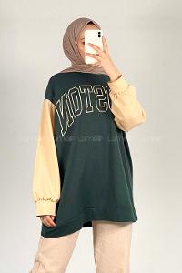 Modalamelif Boston Baskılı Kol Garnili Sweat Yeşil
