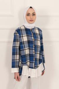 Modalamelif Ekose Desenli Hakim Yaka Fırfırlı Gömlek Saks Mavisi