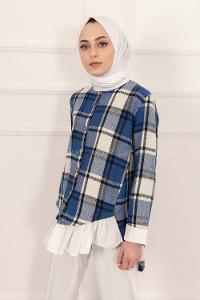 Modalamelif Ekose Desenli Hakim Yaka Fırfırlı Gömlek Saks Mavisi