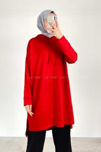 Modalamelif Kapüşonlu Düz Renk Tunik Kırmızı