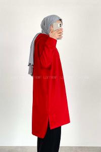 Modalamelif Kapüşonlu Düz Renk Tunik Kırmızı