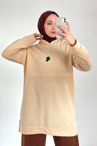 Modalamelif Kapüşonlu Kaplumbağa Nakışlı Sweat Krem