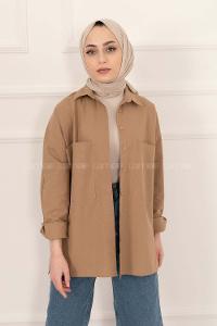 Modalamelif Kol Katlamalı Çift Cepli Gömlek Camel