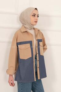 Modalamelif Renk Garnili Çift Kapak Cepli Gömlek Sütlükahve