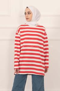 Modalamelif Salaş Çizgi Detaylı Tunik Kırmızı