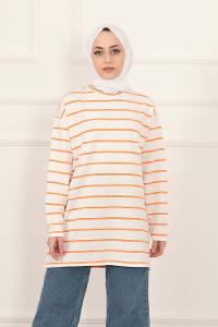 Modalamelif Salaş İnce Çizgi Detaylı Tunik Oranj