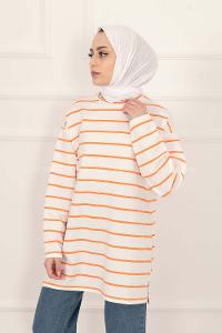 Modalamelif Salaş İnce Çizgi Detaylı Tunik Oranj