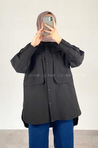 Modalamelif Asimetrik Bombe Cep Detaylı Gömlek Siyah