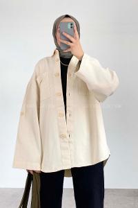 Modalamelif Çift Cepli Asimetrik Kesim Gömlek Krem