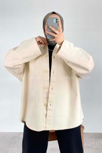 Modalamelif Çift Cepli Asimetrik Kesim Gömlek Krem