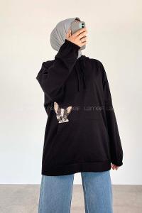 Modalamelif Dog Nakışlı Kapüşonlu Sweat Siyah