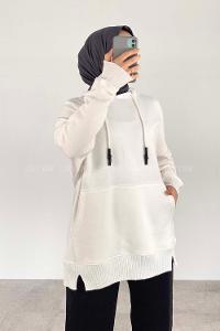 Modalamelif Kanguru Cep Kapüşon Detaylı Düz Vallyn Sweat Beyaz