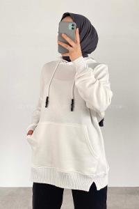 Modalamelif Kanguru Cep Kapüşon Detaylı Düz Vallyn Sweat Beyaz