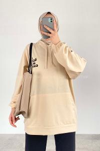 Cream Hood Neck Long Arm Printed Sweatshirt